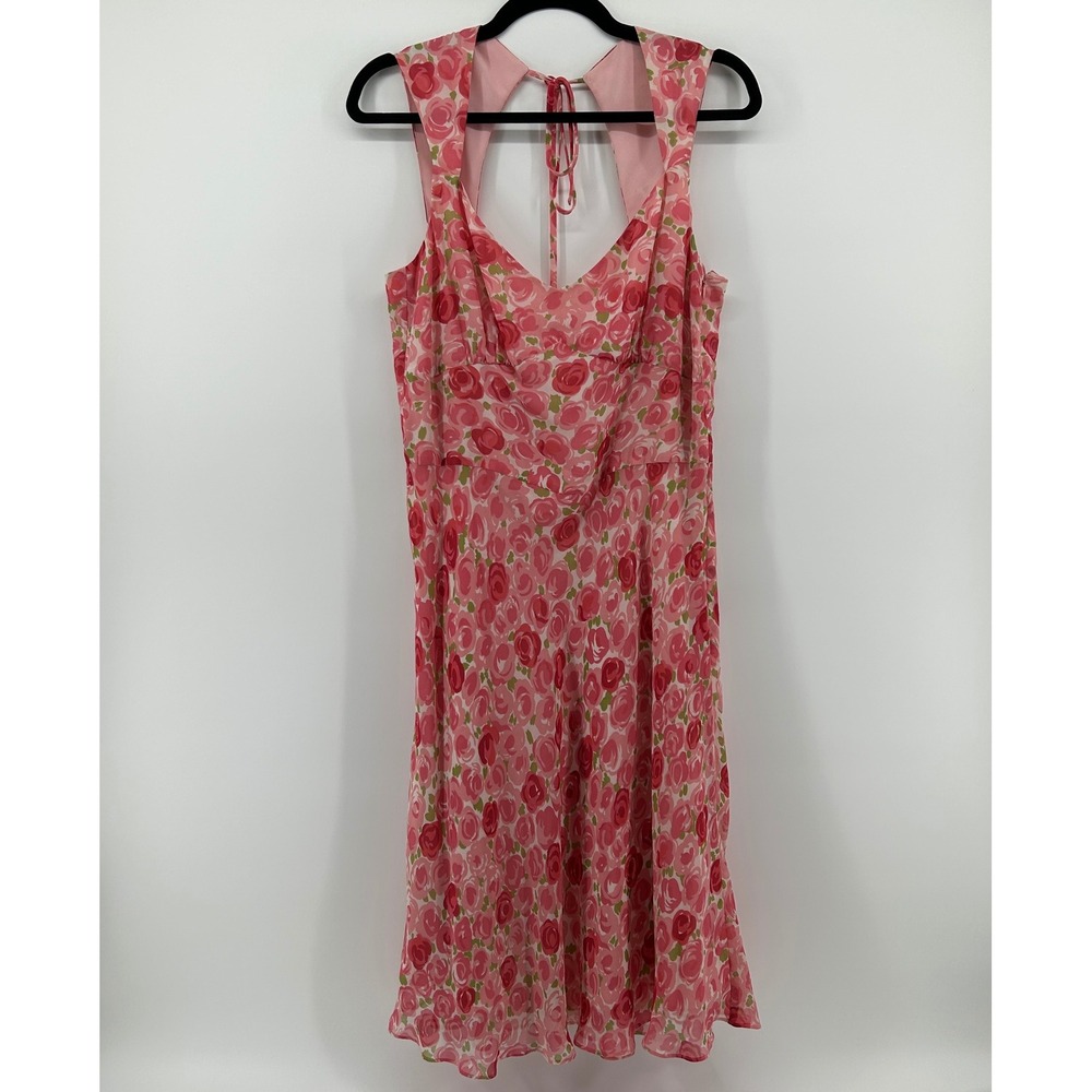 Ann Taylor LOFT Pink Floral 100% Silk Midi Dress Keyhole Back 10 Spring Easter